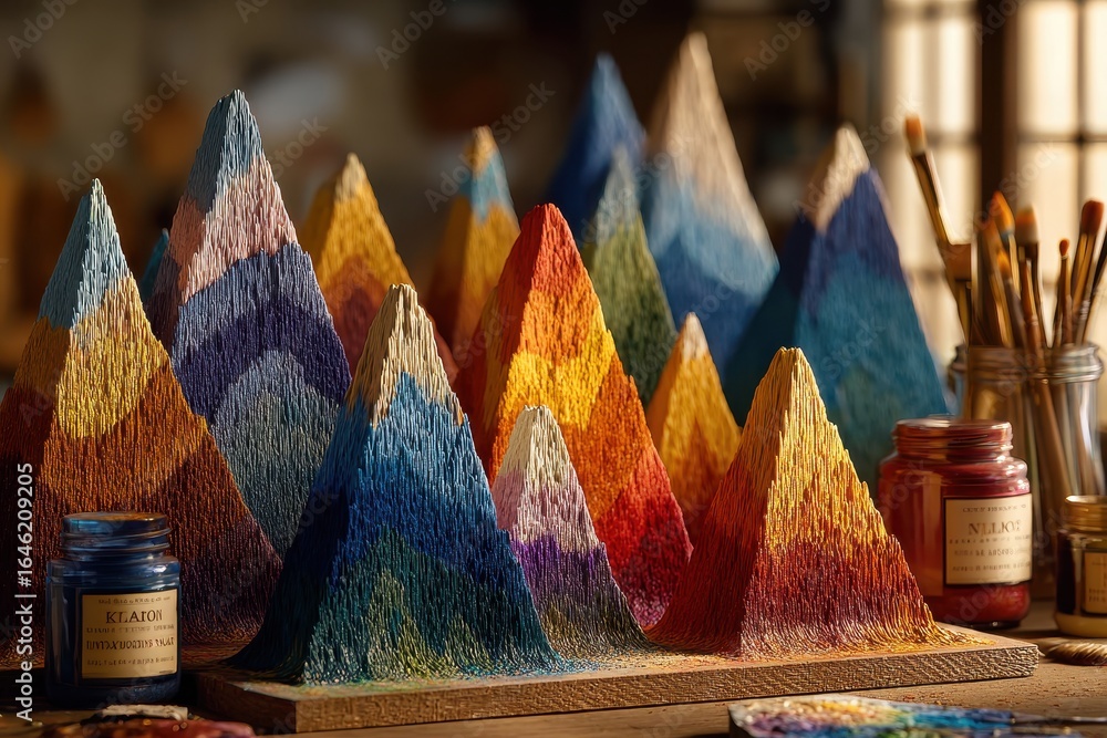 Poster a vibrant and artistic representation of mountain peaks using textured paints, creating a colorful a