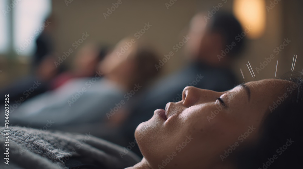 Aufkleber medium view of a relaxed participants face with acupuncture needles visible while other group member