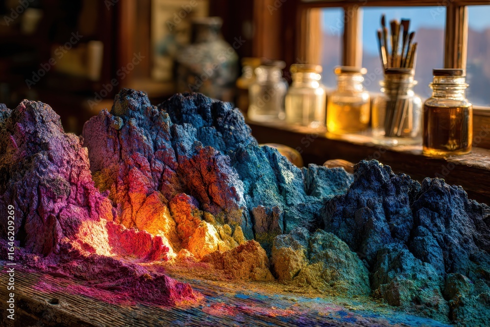 Poster a miniature colorful mountain range with vibrant hues and textures, showcasing an artistic represent