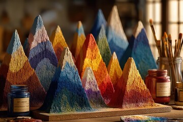 A vibrant and artistic representation of mountain peaks using textured paints, creating a colorful and unique landscape scene with a blend of creative mediums.