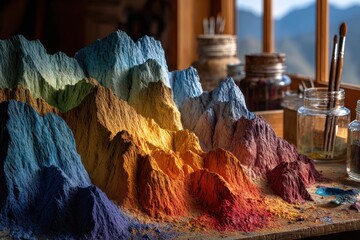 A visually captivating terrain art piece resembling colorful mountain ranges, showcasing a gradient of vibrant hues and textures in an artistic composition.