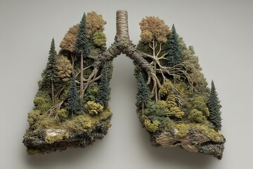 Creative sculpture of human lungs as a forest landscape with trees and moss, symbolizing ecology, clean air and health