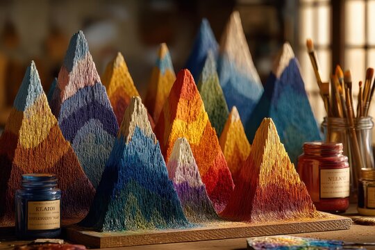 A vibrant and artistic representation of mountain peaks using textured paints, creating a colorful and unique landscape scene with a blend of creative mediums. - Powered by Adobe