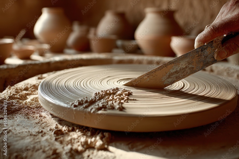 Poster close-up view of a skilled potter shaping clay on a spinning wheel, utilizing a tool for precise cra