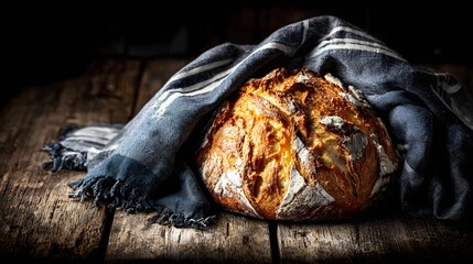 Freshly baked loaf of bread draped in a cloth.