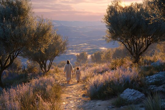 Jesus Christ with a small child walking along a path among flowering bushes and olive trees against a backdrop of a mountain landscape at sunset