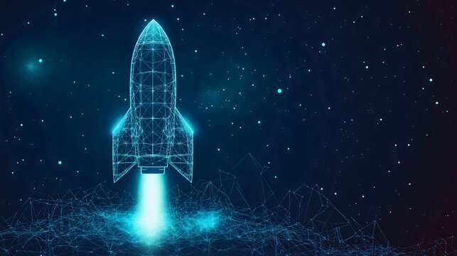 A futuristic rocket launch for a startup business, a glowing blue wireframe and hologram, a concept of success, innovation, and digital growth