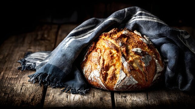 Freshly baked loaf of bread draped in a cloth.