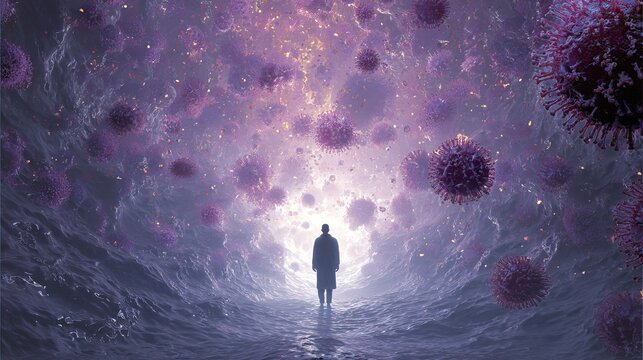 Microscopic view of viruses interacting with the human body�s cells. Detailed artistic depiction of viral particles in a biological environment.