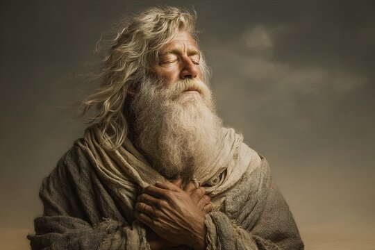 Portrait of a gray-haired elderly man with a long white beard, hands folded in prayer and eyes closed, in the image of the biblical Enoch