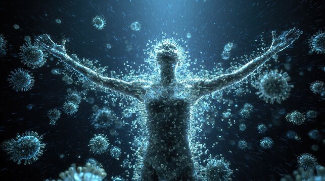 Microscopic view of viruses interacting with human cells, highlighting the intricate and dynamic biological environment. Close-up of microscopic viral particles within the human body. - Powered by Adobe