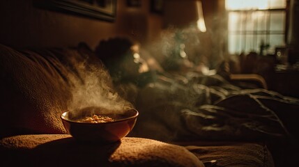 Cozy scene of a person resting with medicine, tissues, and warm soup on a soft bed. Comfort and care during a quiet moment of recovery.