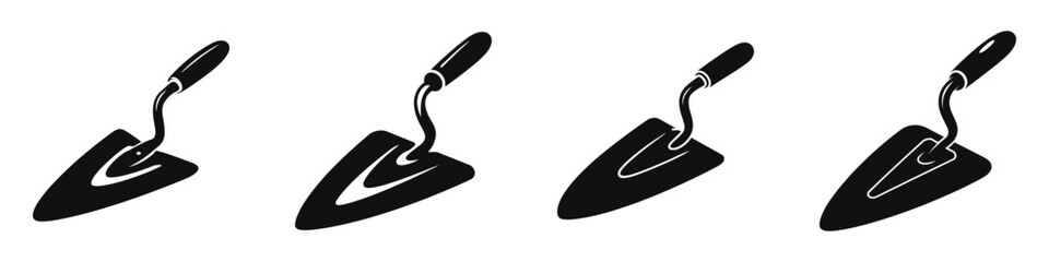 Set of black and white trowel icons with wooden handles, construction and masonry tools illustration, isolated vector symbols for building, plastering, gardening, and DIY projects