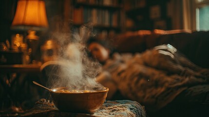 Cozy home scene with a person resting surrounded by tissues, medicine, and a warm bowl of soup on a wooden table. Calm and healing atmosphere.