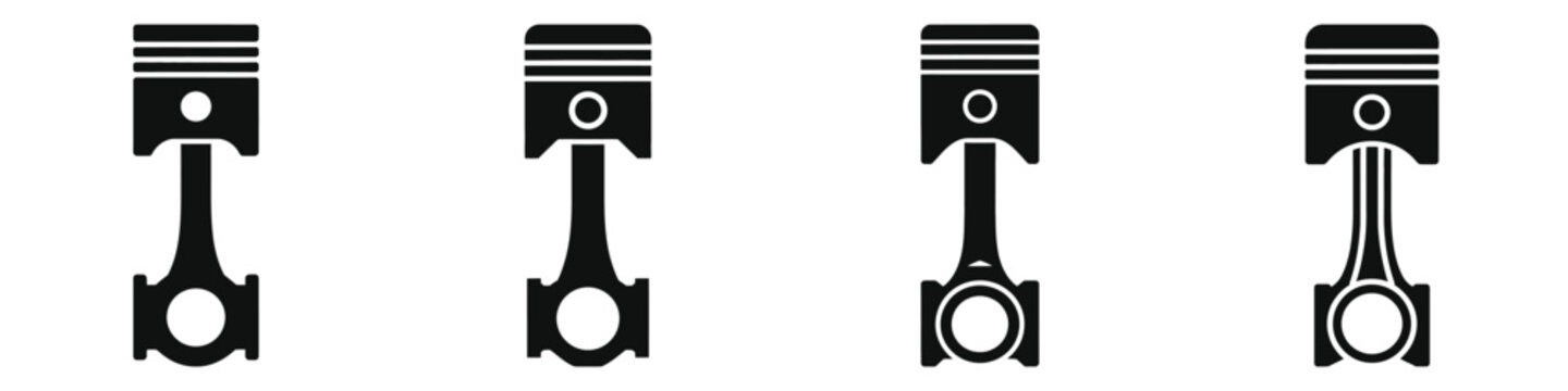 Set of black and white piston and connecting rod icons, mechanical engine parts illustration, automotive and machinery components isolated vector symbols for industrial and engineering use