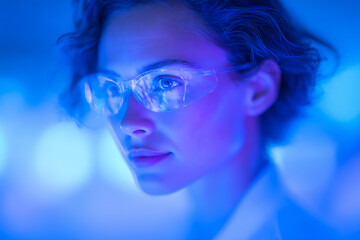 Fototapeta premium futuristic lab experiment, woman scientist in well-lit lab, using cutting-edge gear