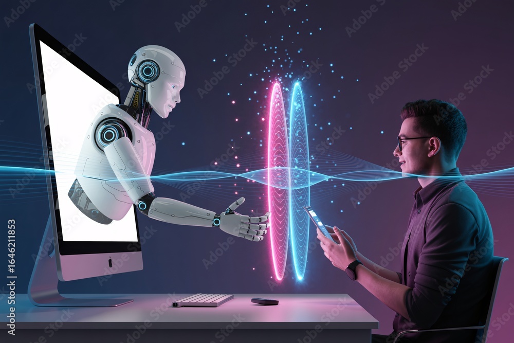 Poster ai robot extending hand to man with smartphone, futuristic technology concept, digital transformatio