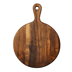 An isolated round wooden cutting board, a rustic and vintage kitchen utensil, a top view of an empty natural wood serving platter