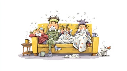 Family resting on couch surrounded by tissues and warm drinks; cozy indoor scene capturing care and comfort during illness.