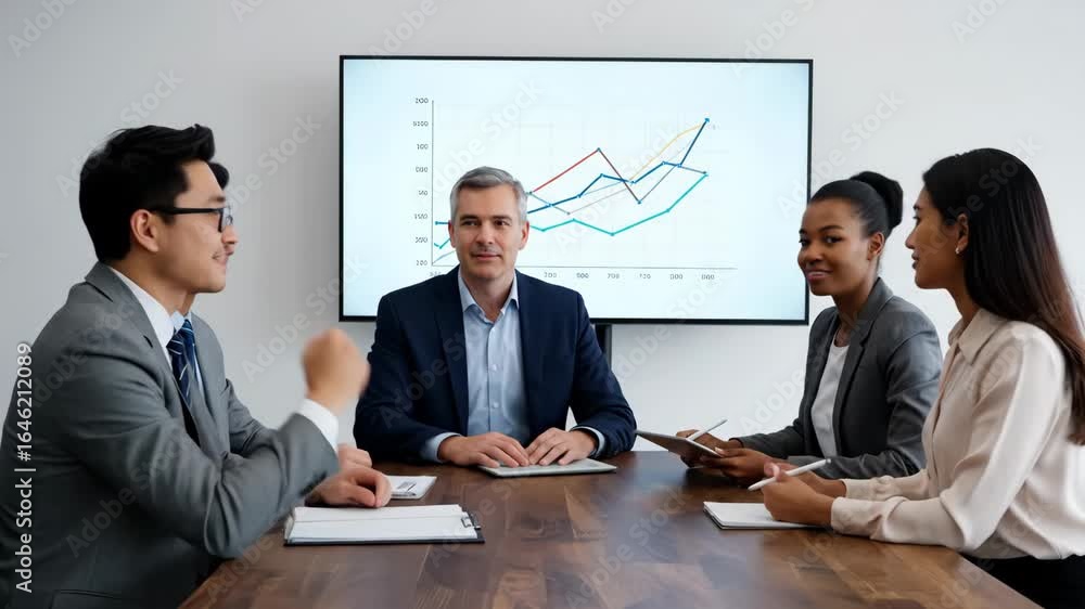 Poster diverse business team meeting with data visualization - a diverse group of business professionals si