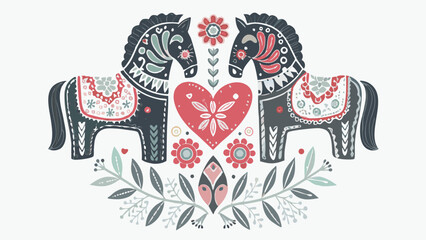 Folk art Scandinavian horse design with heart and floral motifs, traditional decorative illustration for home decor, print, and craft projects © jitendra