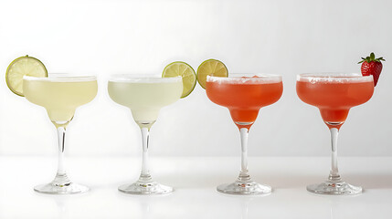 Four cocktails, arranged in a row on a white background, include a pale yellow margarita with lime wheel garnish, a creamier pale margarita with lime wheel, a bright red strawberry margarita with lime