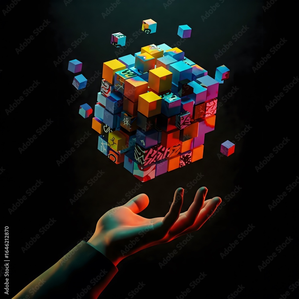 Poster a hand gently cradles a vibrant cube of colorful blocks symbolizing data innovation and technology s