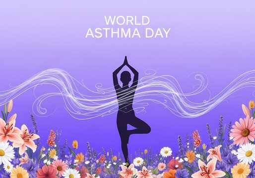 World asthma day yoga silhouette in floral field with airflow pattern for health awareness and breathing exercises