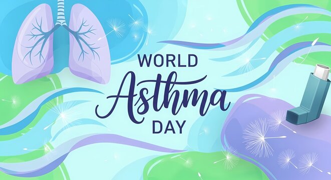 World asthma day awareness design featuring lungs and inhaler with nature elements for health campaigns