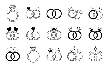 Wedding rings with diamonds hearts and crowns symbols vector