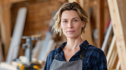 A female carpenter smiling confidently in her workshop, surrounded by woodworking tools and wooden planks. She's wearing an apron and dressed in a casual shirt, embodying skill and professionalism
