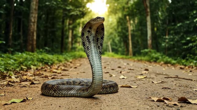 Cobra Snake in Striking Pose on Forest Path - A cobra snake is captured in a striking position on a forest road.
