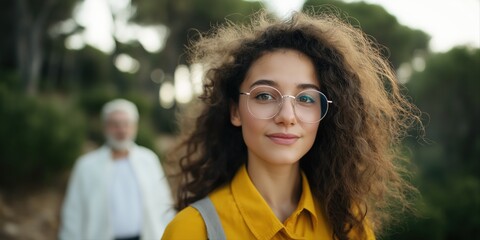 Young caucasian female adventurer with curly hair in foreground of nature trail