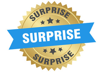 surprise. surprise round blue and gold label isolated on transparent background