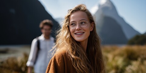 Young caucasian female smiling in scenic mountain landscape with companion