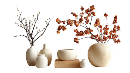 Collection of ceramic vases with dried branches and foliage, arranged on a transparent background