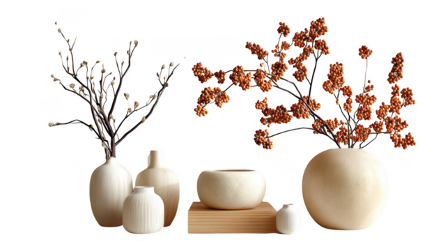 Collection of ceramic vases with dried branches and foliage, arranged on a transparent background