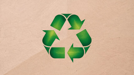 Vibrant green recycling symbol shines on textured natural paper background, symbolizing eco-friendly practices