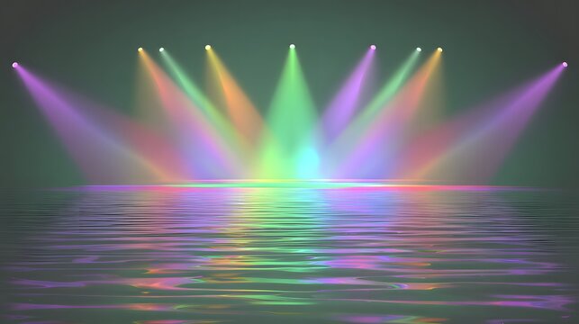 Colorful stage lights reflecting on water.