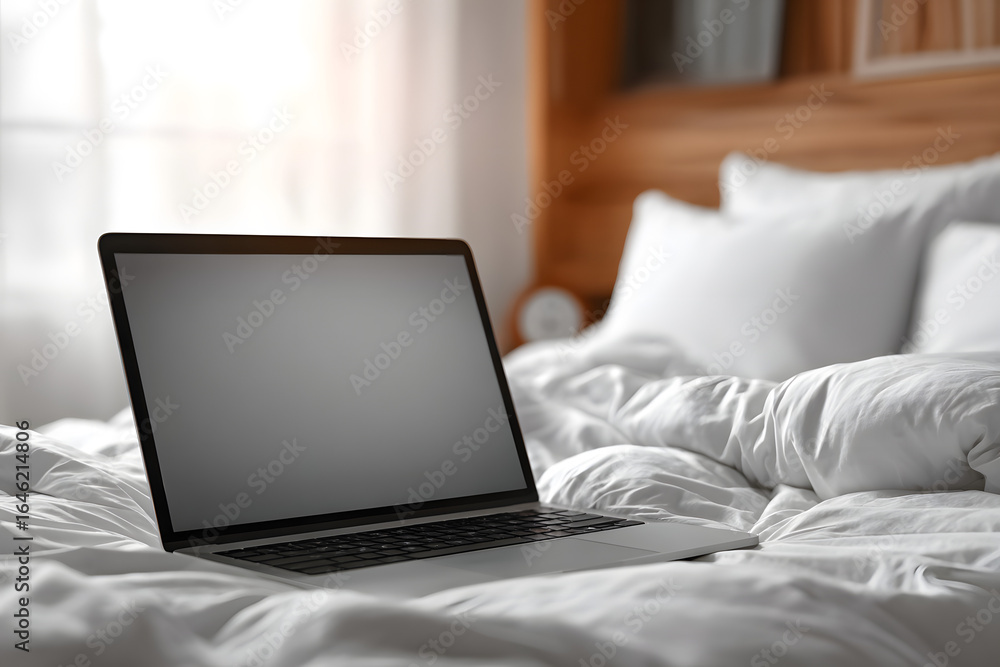 Poster laptop with copy space empty screen and bed with white sheets