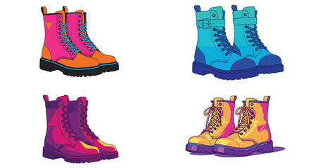 Vibrant Cartoon Illustration of Fashionable Combat Boots on a White Background