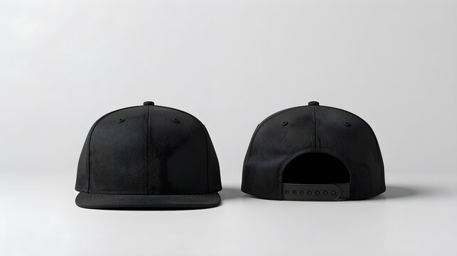 Black snapback baseball cap mockup front and back view on white background