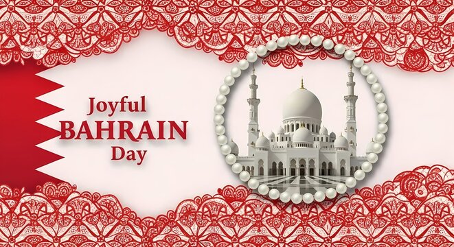 Joyful bahrain national day celebration with intricate mosque and red lace design - Powered by Adobe