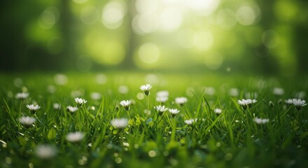 Obraz premium Closeup of a lush green lawn with small white daisies and soft bokeh background, highlighting the delicate beauty of nature in spring