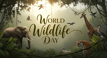 World wildlife day celebration in lush jungle setting featuring elephant, giraffe, tiger, and birds - design for conservation awareness