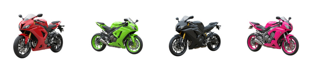 Motorcycle showcase vibrant colors of sport bikes urban setting collection dynamic viewpoint. Cut out set png