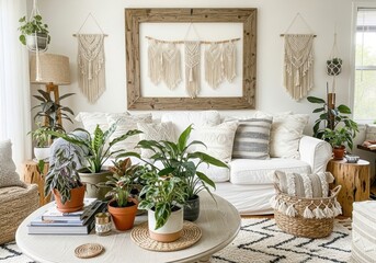 Bohemian living room with plants and macrame wall hangings