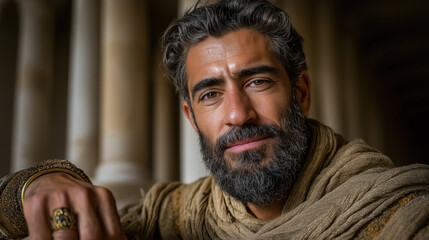 King Solomon, a striking Middle Eastern king with glowing olive skin and regal robes, sits on a lion-shaped golden throne bathed in majestic sunlight.biblical story․.