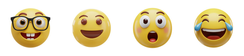 Fototapeta premium Expressions of joy emoji faces colorful environment fun concept. Cut out set png