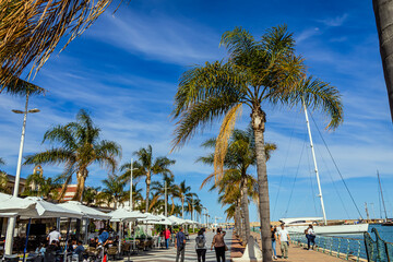 People stroll under tall palm trees along the promenade of Gandia, Spain under clear blue skies	
